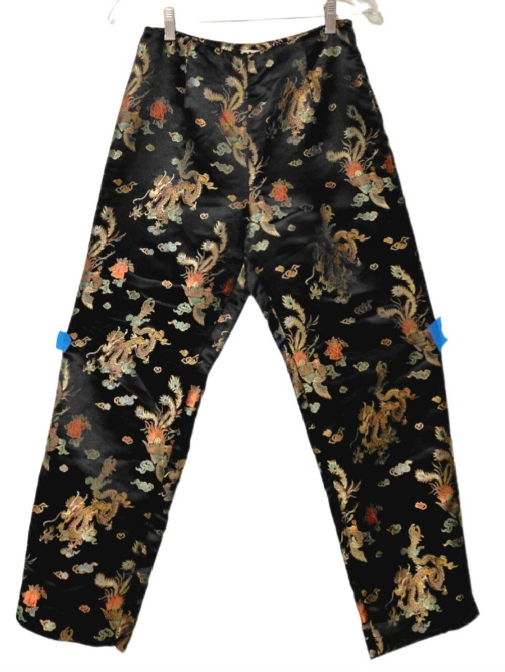 90s/Y2K Size 4 Satin Pants, High Waist, Embroidered Gold Dragons VINTAGE